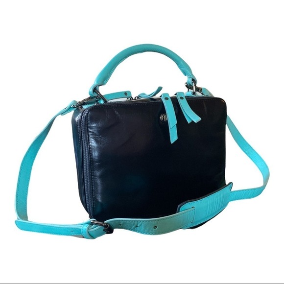 Leather Crossbody Bag Purse Black Blue Top Handle Square‎ Zip - Picture 4 of 14